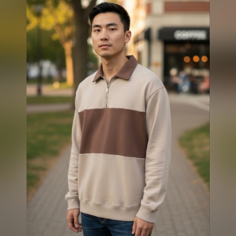 Goodfellow & Co Men's Beige and Chocolate Zip-Up Sweater